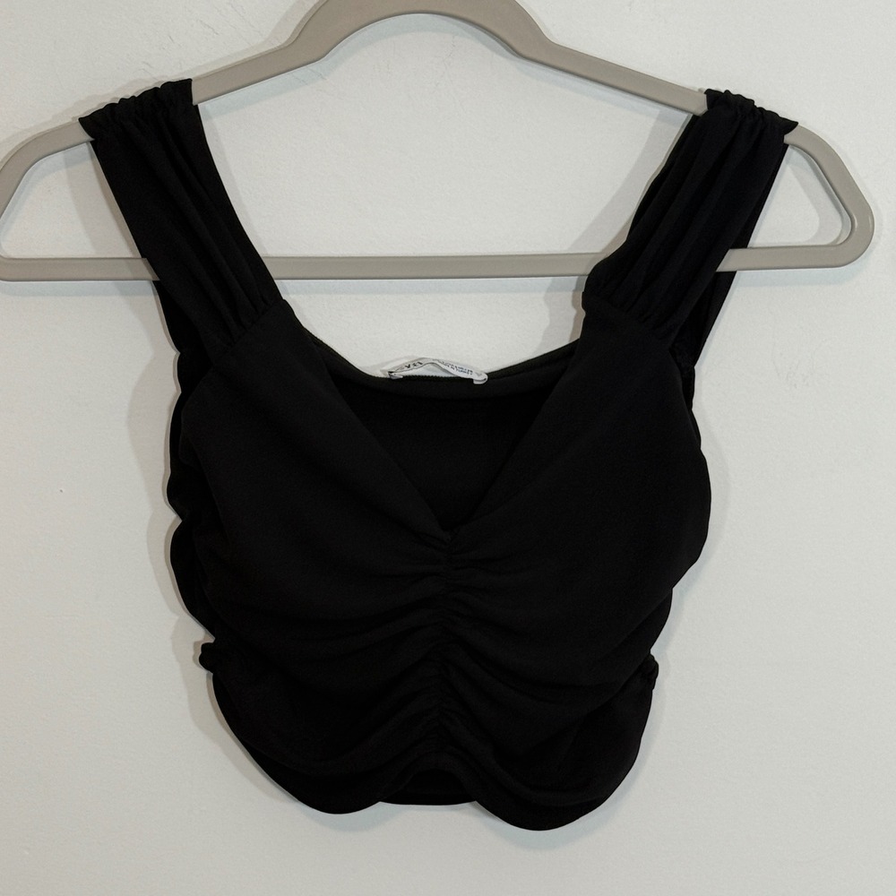 Zara Womens Top S Black Ruched Cropped V-Neck Modern Sleek Coquette